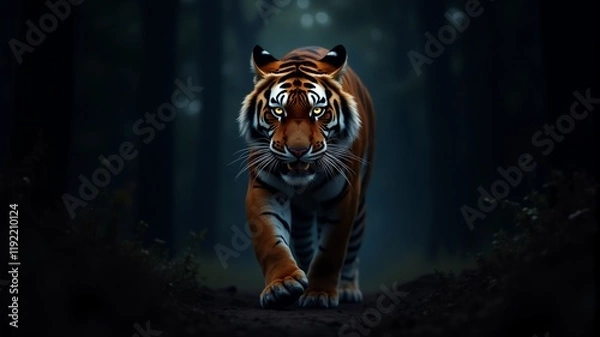 Fototapeta An angry tiger is walking along a forest path in search of prey