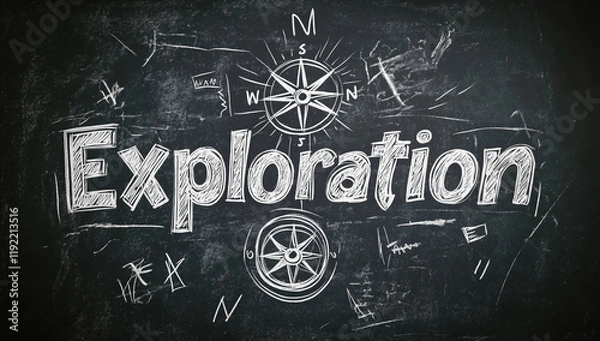 Obraz A hand-drawn illustration of the word 'Exploration' on a blackboard with compass symbols, expressing adventure and discovery in a classroom setting.