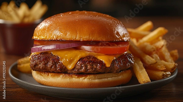 Fototapeta Delicious cheeseburger with fries served on a plate at a casual dining restaurant