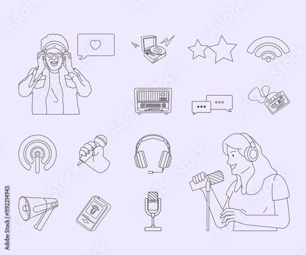 Obraz Podcast Hand Drawn Elements Pack Outline Style