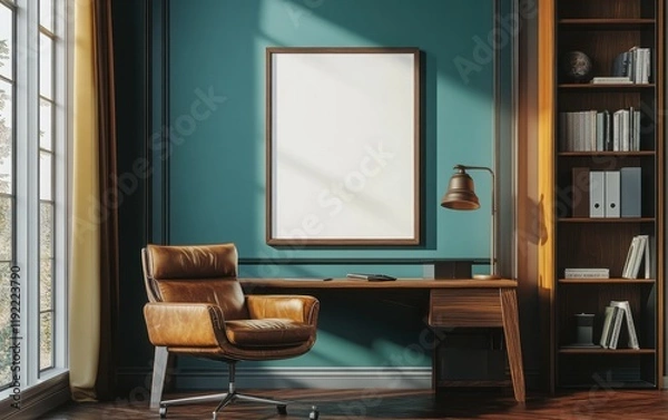 Fototapeta A cinematic mockup of a blank poster frame on a teal and brown accented wall, set above a polished wooden desk with a leather chair, surrounded by a modern bookshelf and subtle decor