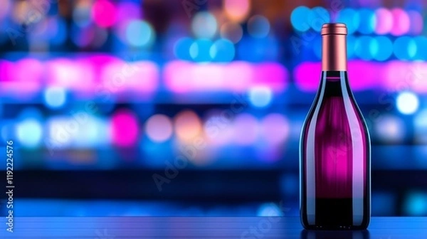 Fototapeta A wine bottle stands against a vibrant, blurred background of colorful light.