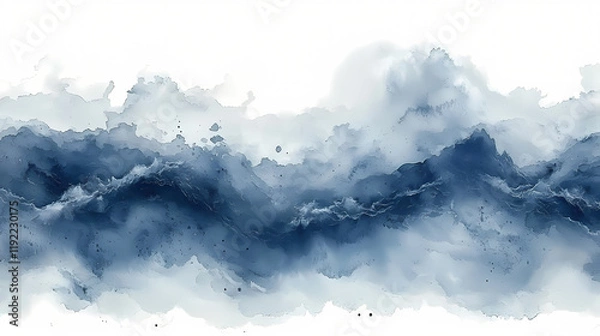 Fototapeta Indigo Ink Wash Landscape: An abstract watercolor painting evokes a serene landscape, with shades of indigo and blue creating a dreamy, undulating horizon.