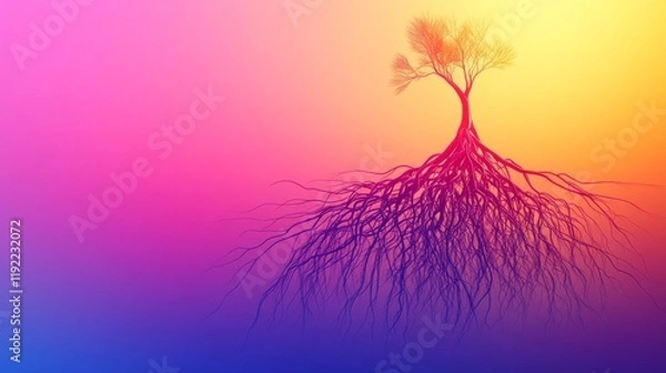 Fototapeta Tree roots growing on vibrant rainbow gradient background