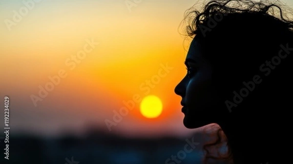 Fototapeta A woman stands in silhouette, admiring the colorful sunset while overlooking an expansive city filled with fading light