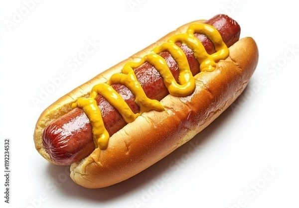 Fototapeta Juicy Hot Dog with Mustard on a Soft Bun Satisfies Your Cravings
