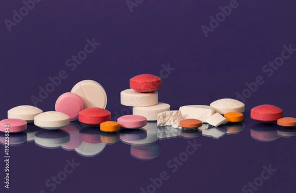 Fototapeta A scattering of various colorful tablets. The medicine is reflected on the glass surface against a bright purple background. Medicine and treatment concept. Close-up.