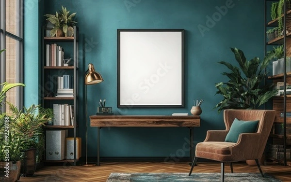 Fototapeta A hyper-realistic mockup of a blank poster frame in a brown and teal-themed office, featuring a contemporary wooden desk, a stylish upholstered chair