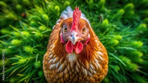 Obraz A charming Dutch Bantam hen's crest, captured by drone: showcasing superior poultry breeding.