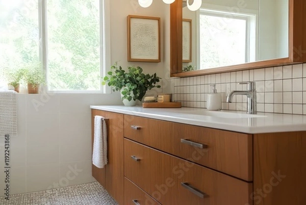Fototapeta A mid-century modern bathroom featuring iconic fixtures, bold colors, and minimalist decor. Emphasize clean lines, organic shapes, and vibrant accents. 