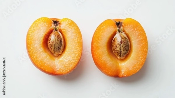 Fototapeta Two halved apricots, showing pits and vibrant orange flesh, on white background.