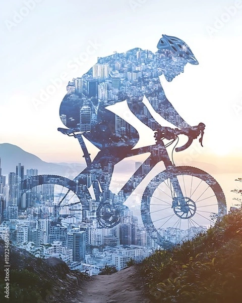 Fototapeta Dynamic Cyclist Silhouette Merging with Urban Cityscape Background