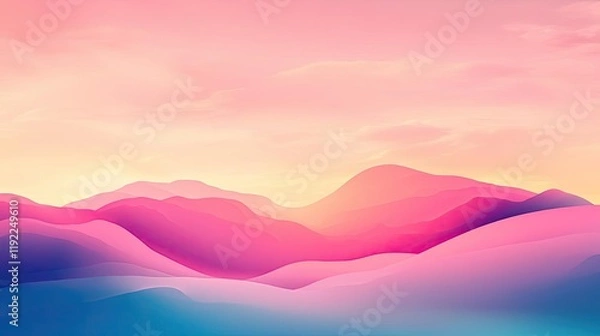 Fototapeta Cloudy abstract background idea. Dreamy pastel landscape with flowing hills and serene sky at sunset.