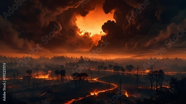Fototapeta Forest Wildfire with Fiery Sky and Blazing Flames in 4K V10