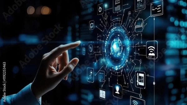 Fototapeta Digital interaction with data visualization cyber environment infographic modern workspace futuristic concept