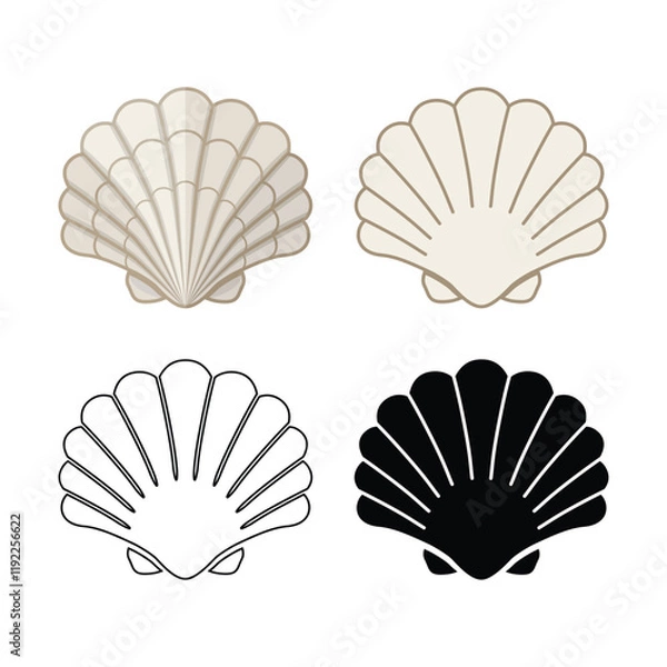 Fototapeta A set of bivalve clam icons. Seashell. Marine life. Black outline and silhouette, colored icon. Vector illustration for design and web.