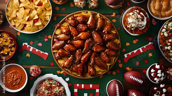 Obraz Top-down view of a Super Bowl celebration table with wings and nachos