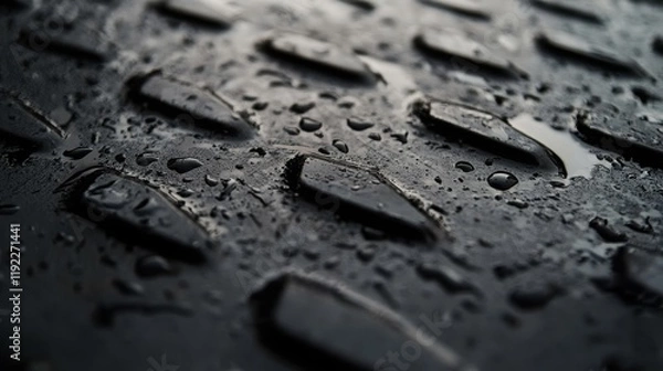 Fototapeta Macro View of Wet Textured Surface with Raindrops Reflecting Light, Perfect for Illustrating Industrial Concepts, Weather Effects, or Rough Environments
