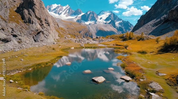 Fototapeta serene alpine lake surrounded by rugged mountains, lush green meadows, and scattered rocks, reflecting snow capped peaks under bright blue sky