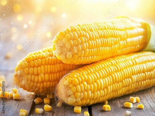 Fototapeta fresh ripe corn cobs in field sunlight harvest agriculture bokeh background  - ai
