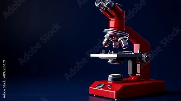 Fototapeta Vivid red microscope with shiny optics and sharp focus on a deep navy blue background