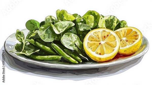 Fototapeta A stylized illustration of a vibrant green salad with spinach, green beans, and lemon slices on a plate.