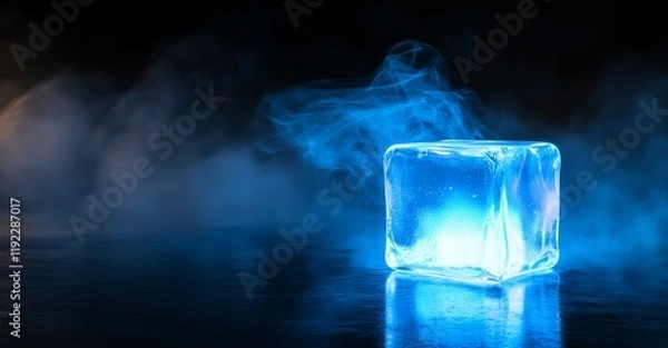 Fototapeta Bright blue ice cube surrounded by mist and darkness creates a mystical atmosphere