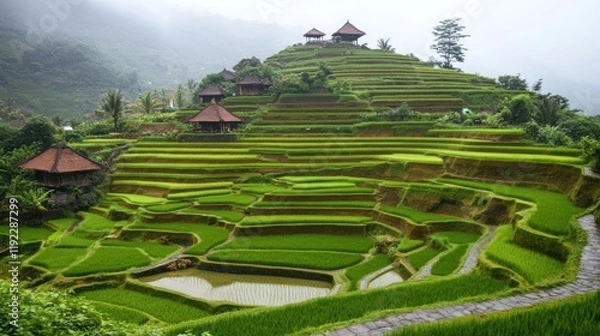 Obraz Lush green rice terraces with traditional houses on hillside.