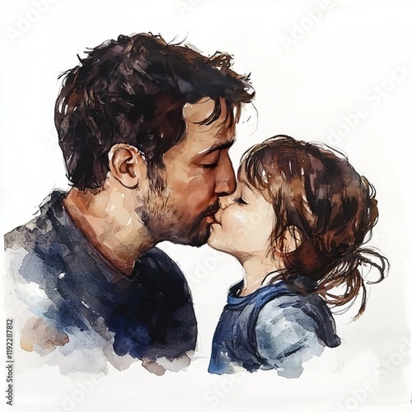 Obraz Watercolor painting of a parent kissing their child's forehead, on isolated white background