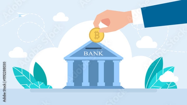 Fototapeta Hand putting bitcoin into piggy bank. Crypto currency savings concept. Blockchain, cryptocurrency concept. Bitcoin saving or accumulation of money, investment. Flat illustration