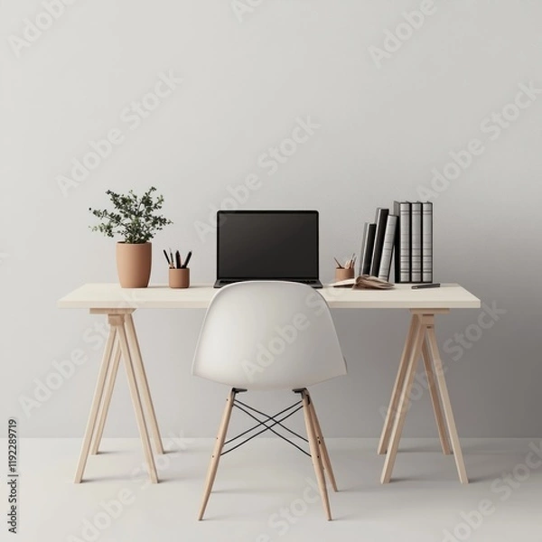 Fototapeta Minimalist home office workspace with laptop, plant, and chair.