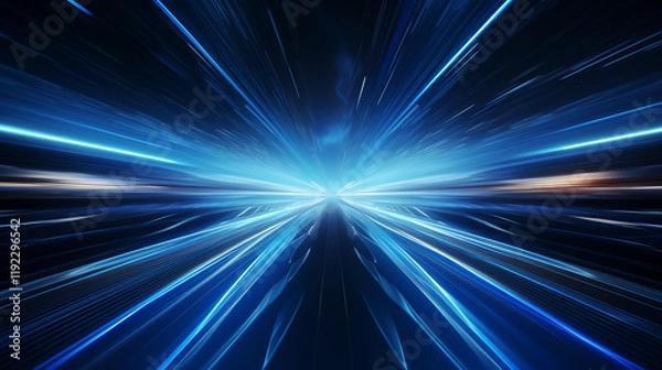 Fototapeta Blue light beams converge and fly at high speed