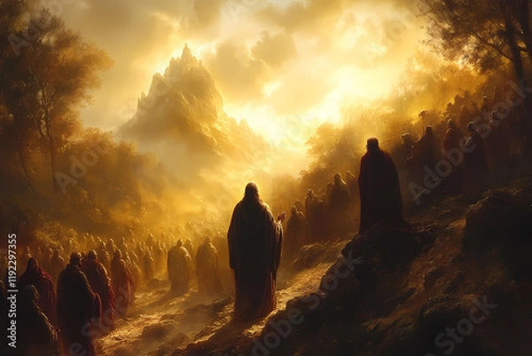 Fototapeta Jesus standing on a mountaintop, speaking to a crowd, illuminated by soft dawn light. A scene of peace and spirituality