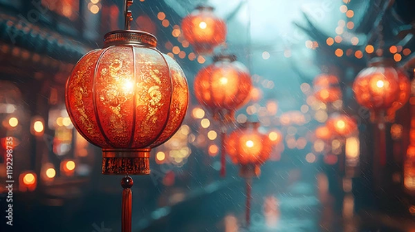 Fototapeta Red Lanterns Glow in Rainy Night Scene