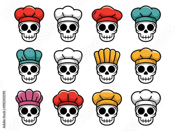 Fototapeta Set of cartoon skulls with chef hats on them. Isolated, on transparent background. PNG
