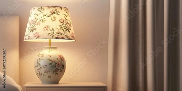 Fototapeta Floral table lamp illuminating a bedside table, soft light creates a calming bedroom atmosphere.