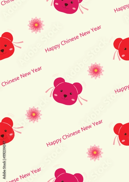 Obraz Red girl chinese bear happy new year text and beauty red-pink peony on creame color background.Vector seamless pattern.