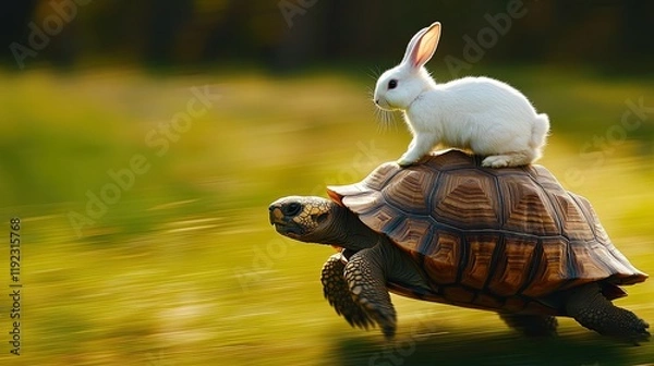 Fototapeta "Rabbit Rides Turtle in a Race, Blurred Background"