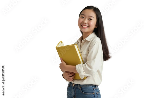 Fototapeta Young asian woman in casual outfit holding a yellow book while smiling. Studio portrait on transparent background. Education and knowledge concept.
