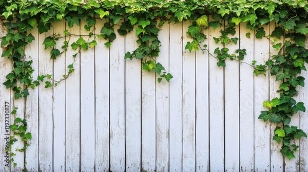 Fototapeta Green Ivy Climbing on Rustic White Wooden Fence Background