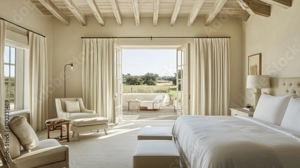 Fototapeta A bright and airy bedroom with minimal furnishings, a neutral palette, and simple decor, offering a tranquil and modern aesthetic