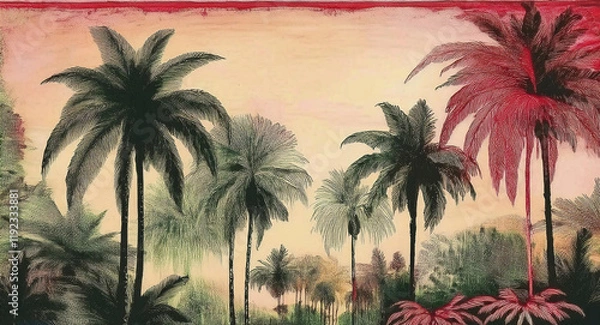 Fototapeta A serene and artistic depiction of tropical palm trees silhouetted against a vivid, colorful sky. The tranquil artwork evokes a sense of nature's beauty and tranquility. Wallpaper