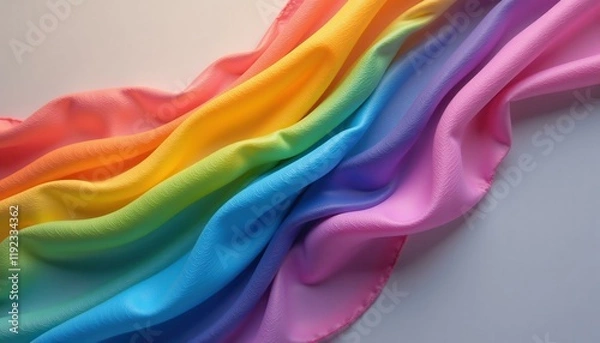 Fototapeta Rainbow textured fabric with flowing soft folds on a light background, conceptual shot for Pride Month inspiration.