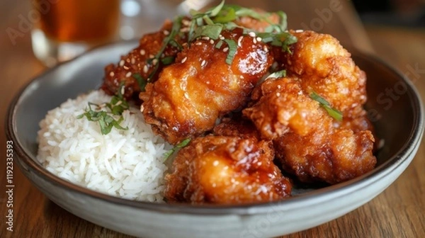 Fototapeta A close-up of a plate of golden-brown fried chicken served with a side of steamed white rice, garnished with fresh herbs and served on a rustic wooden table