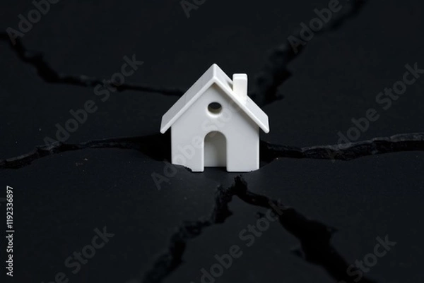 Fototapeta White House Model on Cracked Black Surface Fragility, Risk, Instability