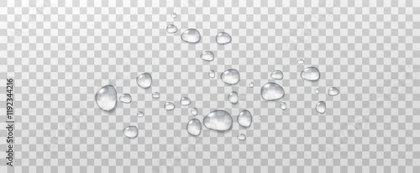 Fototapeta Realistic vector water drops png on a transparent light background. Water condensation on the surface with light reflection and realistic shadow. 3d vector illustration