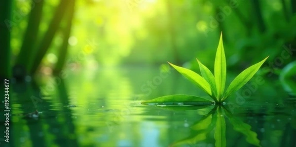 Fototapeta Sunlight illuminating fresh bamboo leaves atop still water surface , element, stock