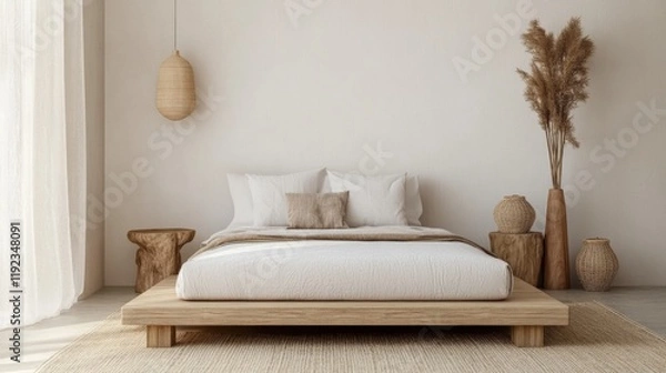 Fototapeta A minimalist bedroom in Japanese style with tatami flooring, wooden furniture, a futon on the floor, and simple decor creating a quiet, peaceful atmosphere