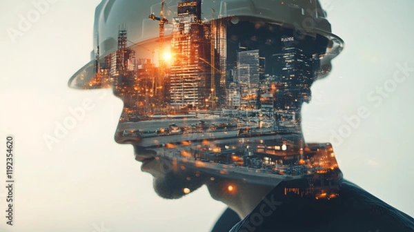 Fototapeta Future building construction engineering project devotion with double exposure graphic design. Building engineer, architect people or construction worker working with modern civil teamwork