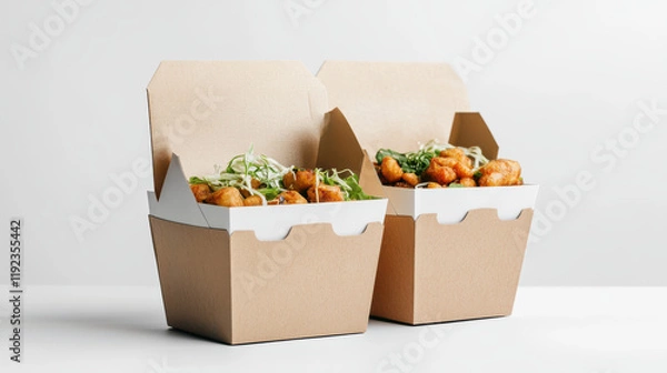 Fototapeta Two takeout containers filled with fried food and garnished with fresh herbs.  Perfect for a quick and delicious meal.